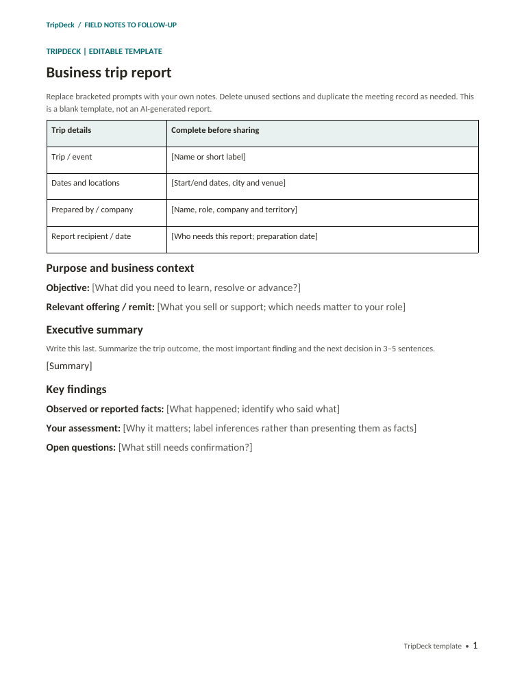First page of the TripDeck business trip report template, with trip details, purpose, executive summary, and key findings.